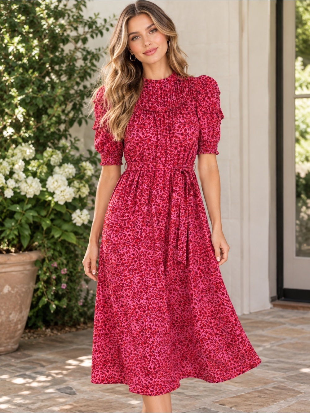 Boden Pink Red Yoke Detail Jersey Midi Dress in Gin Fizz Abstract Vine Size 8L